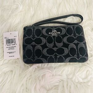 Coach Black Denim Signature Corner Zip Wristlet with Silver Logo NWT